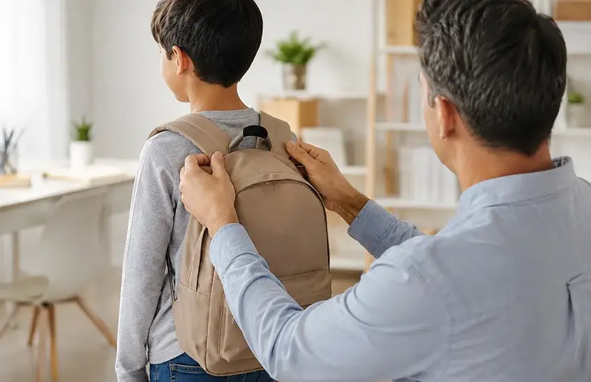 Escolar ajustándose la mochila con apoyo correcto para prevenir dolor de espalda en niños al ir al colegio