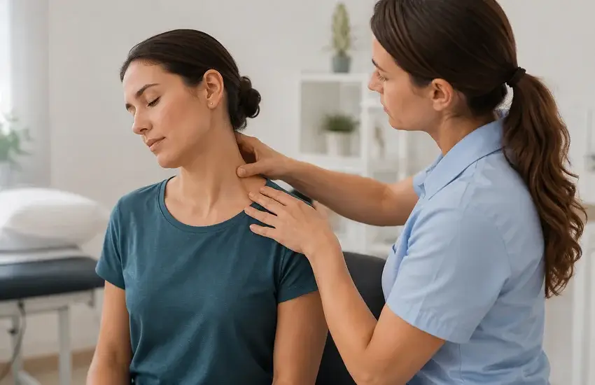 Persona con contracturas musculares en cuello y hombros valorando dolor y movilidad en una consulta sanitaria